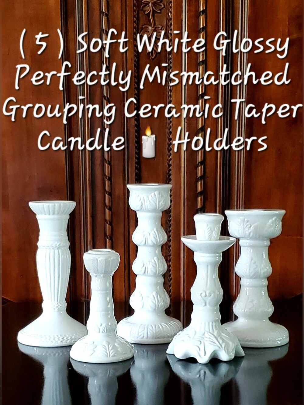 5 Pc Set White Various Design Ceramic Taper Candle Holders Varying Sizes